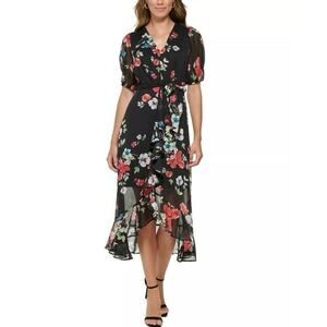 DKNY black Floral Print Ruffled Midi Dress Saffron Combo Size 8 retails $139 EUC